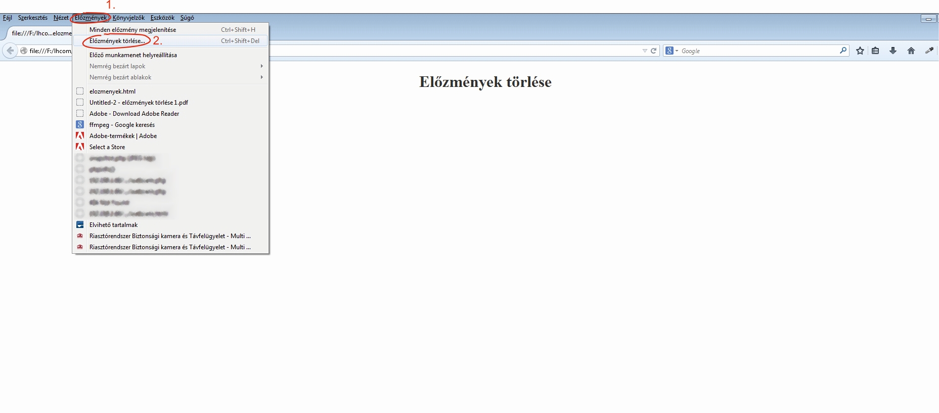 elozmenyek tőrlése firefox